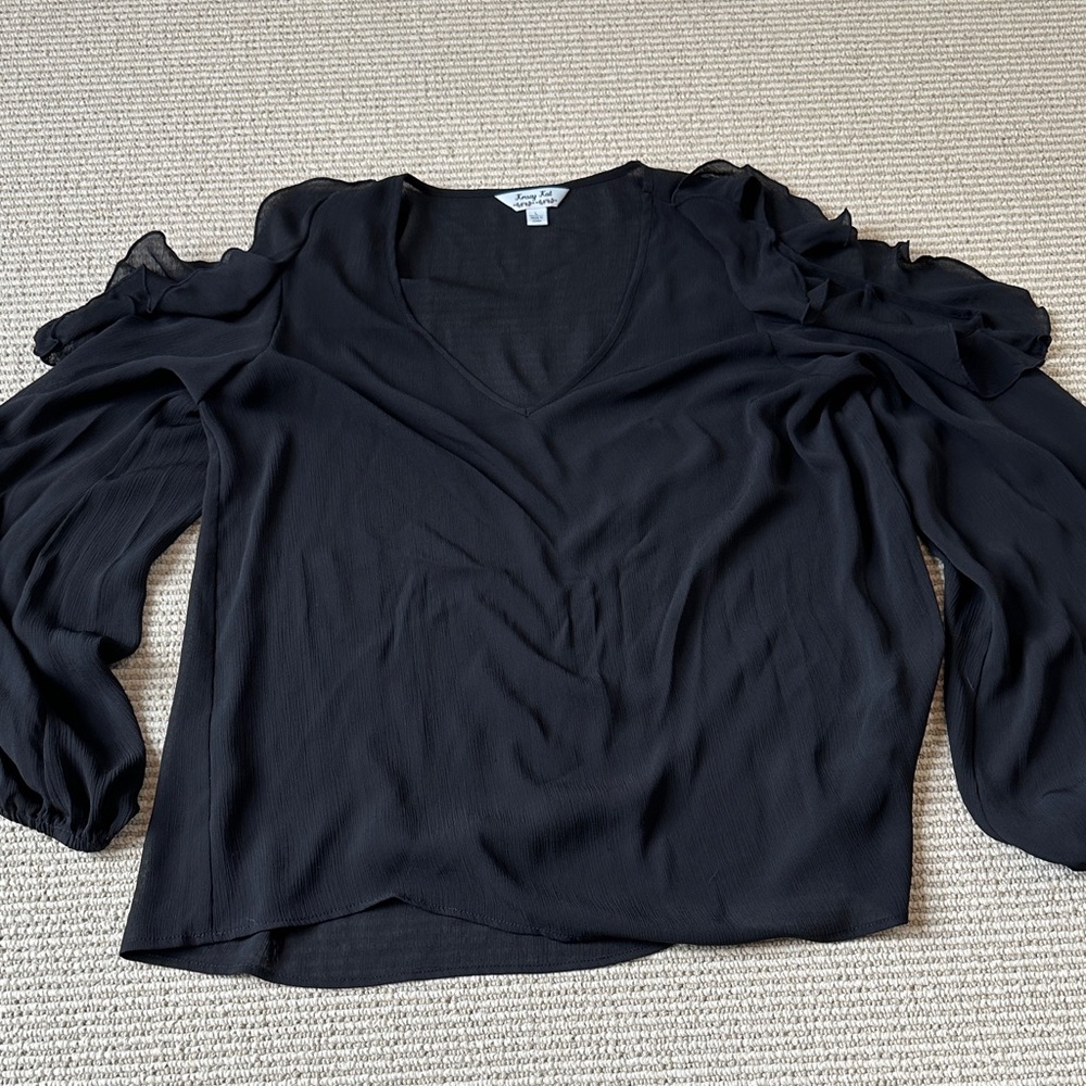 krazy kat Black V-Neck Ruffle Shoulder Blouse